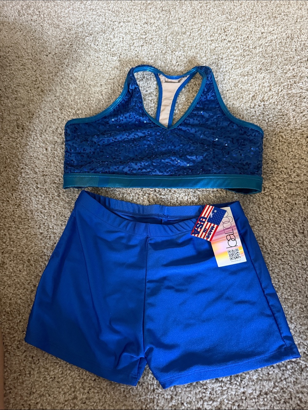 Blue Sequin Sports Bra and Athletic Shorts Set - Women's Activewear